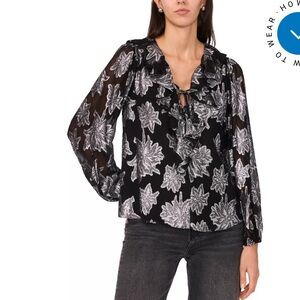 Parker Black and Silver Metallic Star Ruffle Blouse Size XS